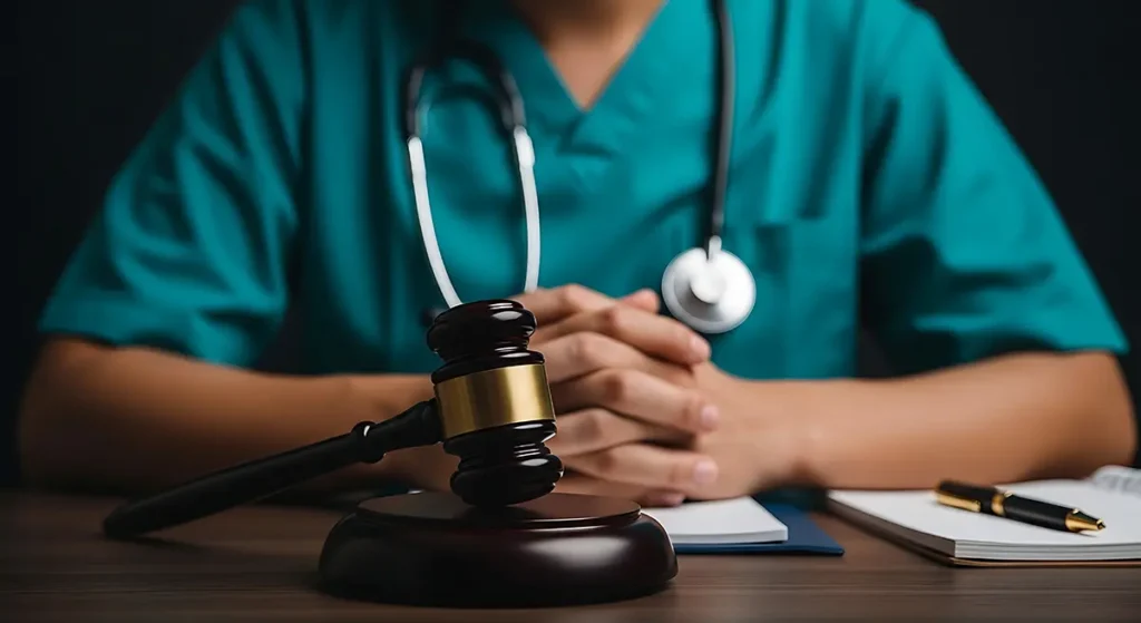 A nurse practitioner is sitting behind a table with a gavel on it, implying that there is a medical case against them. Healthcare fraud concept.